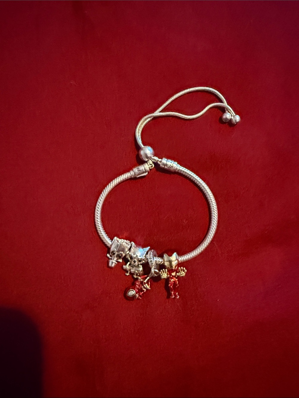 Sterling Silver Adjustable Charm Bracelet with Red Accents